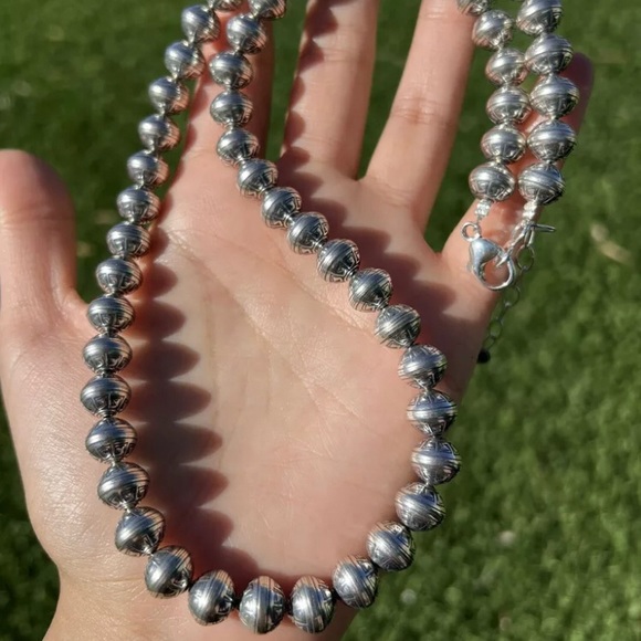 Sterling Silver 10mm Stamped Pearls Bead Necklace. 26 inch